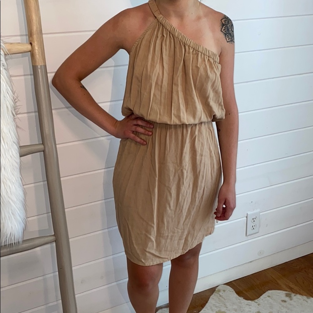 Indah One-Shoulder Mini Dress in Beige